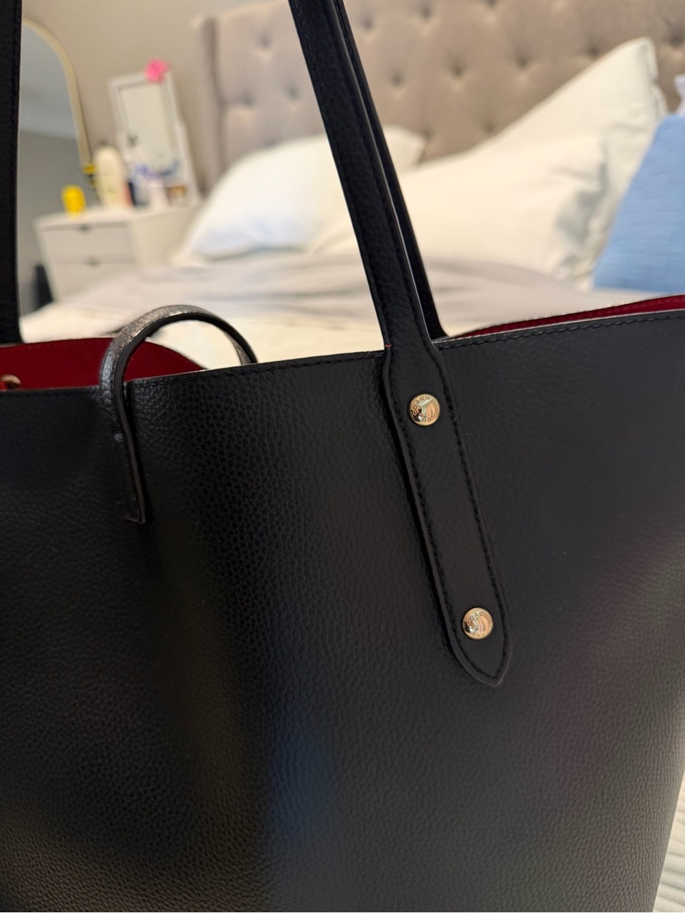 Coach Black Pebbled Leather Tote Bag with Red Leather interior - Picture 4 of 10